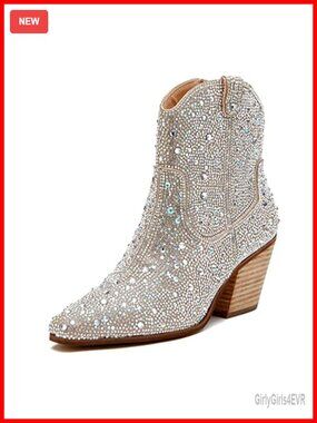 Rhinestone Cowboy Ankle Booties Women Sparkly Chunky Heel Pointed Toe